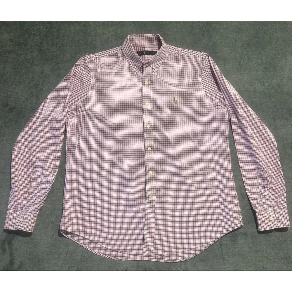 Ralph Lauren Men's Large Cotton L/S Button Down Shirt Navy Pink‎ White Plaid